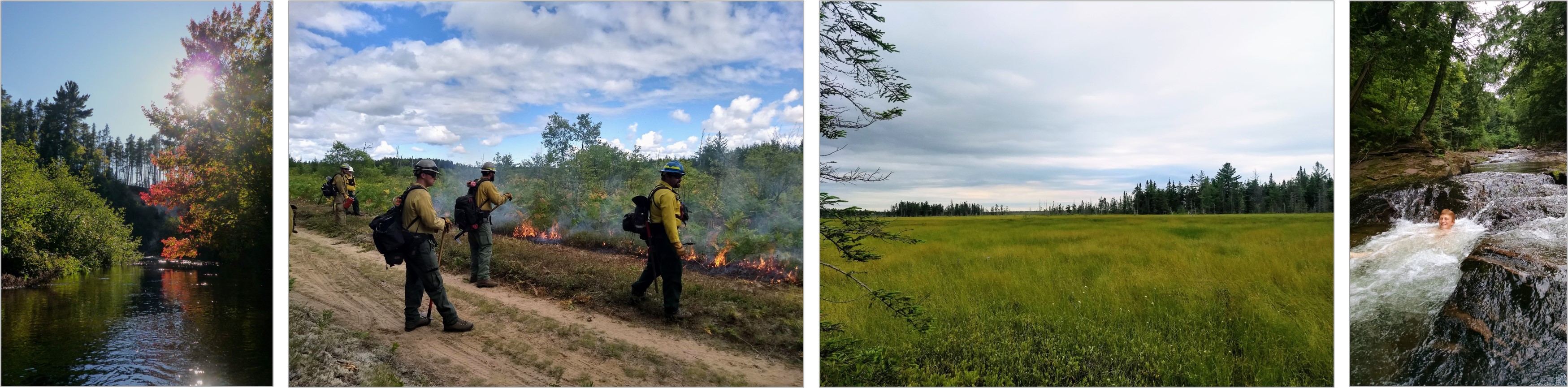 Scenes across the UP, from left to right, all photos by Randy Swaty except where noted: canoeing in Luce County by Danielle Miller, prescribed fire on the Hiawatha National Forest, Bechler Marsh in the eastern UP and a kid enjoying a central UP river.